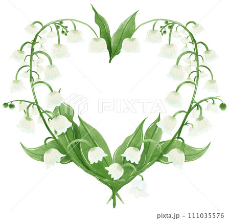 lilies of the valley frame heart shaped wreath Hand Drawn Watercolor illustration of spring flowers botanical drawing postcards, invitations to weddings, birthdays, spring and summer 111035576