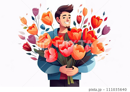 AI-generated content. man with bunch of flowers on valentines illustration 111035640