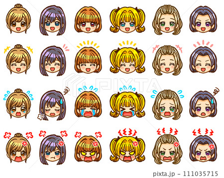 様々な種類の髪型のかわいい女の子のちびキャラ顔アイコン素材セット 111035715