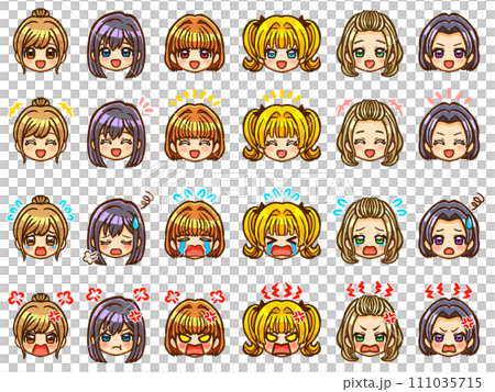 様々な種類の髪型のかわいい女の子のちびキャラ顔アイコン素材セット 111035715