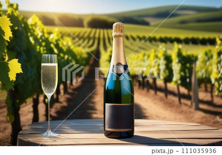 champagne bottle with glass in vineyard, champagne bottle with glass in vineyard, 111035936