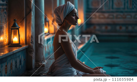 Woman sitting on a hot stone in hamam, sauna Woman sitting on a hot stone in hamam, sauna 111035984