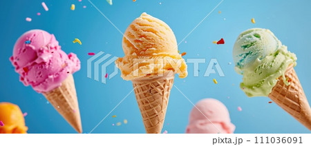Flying Ice Cream Cones with Colorful Splashes 111036091