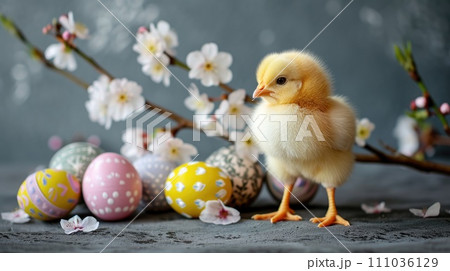Chick with Elegant Easter Eggs and Flowers Chick with Elegant Easter Eggs and Flowers 111036129