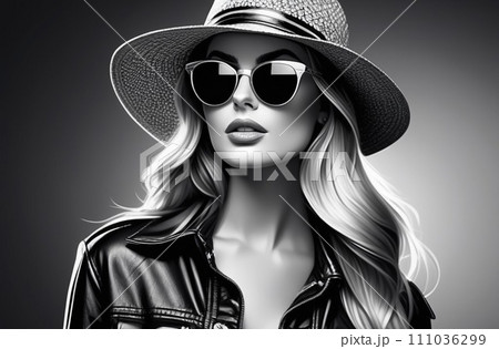 Outdoor close up portrait of beautiful young woman with long blonde hair, makeup, wearing pink cat eye sunglasses, 111036299
