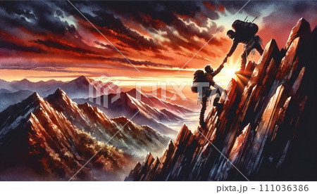 Generative AI The image is a watercolor of climbers reaching the summit during a vivid mountain sunrise. 111036386