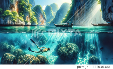 Generative AI The image is a watercolor painting of a person snorkeling in clear waters near a traditional boat and limestone cliffs. 111036388