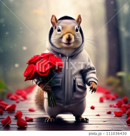 Happy squirrel, chipmunk in a fashionable jacket with a hood on his head with a bouquet of red roses in his hands. Congratulations on the holiday of March 8th Happy squirrel, chipmunk in a fashionable jacket with a hood on his head with a bouquet of red roses in his hands. Congratulations on the holiday of March 8th 111036430