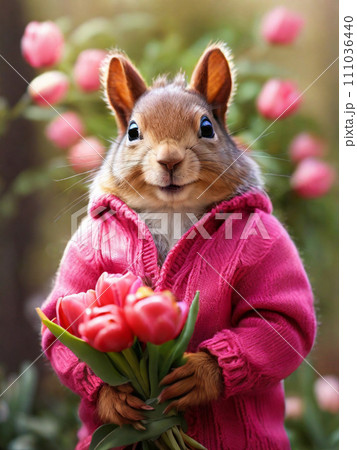Happy squirrel, chipmunk in a fashionable pink knitted sweater with a bouquet of pink tulips in his hands. Congratulations on the holiday of March 8th. Happy squirrel, chipmunk in a fashionable pink knitted sweater with a bouquet of pink tulips in his hands. Congratulations on the holiday of March 8th. 111036440