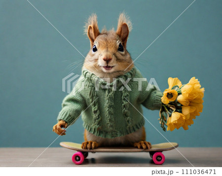 Funny squirrel in a green sweater and a bouquet of flowers on a skateboard. Congratulations on the holiday Funny squirrel in a green sweater and a bouquet of flowers on a skateboard. Congratulations on the holiday 111036471