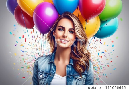 Beautiful woman with colored balloons Beautiful woman with colored balloons 111036646