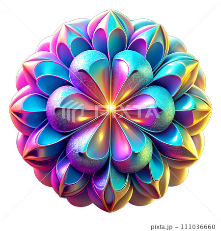 AI-generated content. Abstract holographic shape, chromatic liquid with gradient iridescent texture, flowing composition in form flower or colorful explosion, glossy sculpture isolated on white 111036660