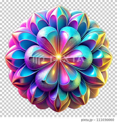 AI-generated content. Abstract holographic shape, chromatic liquid with gradient iridescent texture, flowing composition in form flower or colorful explosion, glossy sculpture isolated on white 111036660