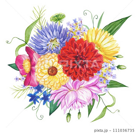 Flower watercolor arrangement of bright flowers on a white background, bright bouquet Flower watercolor arrangement of bright flowers on a white background, bright bouquet 111036735