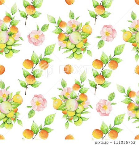 Seamless pattern with fruits, pink roses. watercolor 111036752