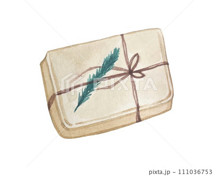 Hand drawn New Year's gift with a sprig of fir, watercolor 111036753