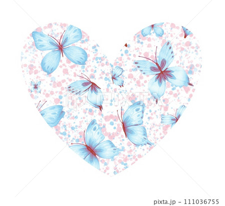 Heart shaped frame with abstract butterflies in blue tones, watercolor. Background with butterflies. 111036755