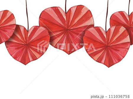Seamless border with red paper hearts, watercolor 111036758