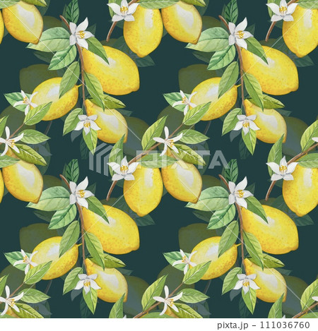 Seamless pattern with watercolor lemons and leaves 111036760