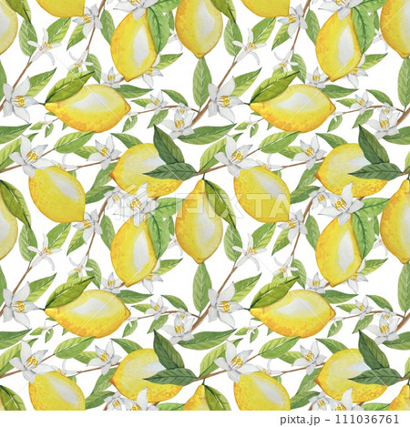 Seamless pattern with watercolor lemons and leaves 111036761