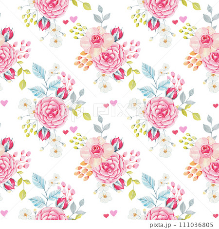 Seamless floral pattern with pink roses 111036805