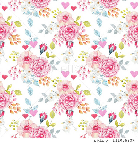 Seamless floral pattern with pink roses on a white background Seamless floral pattern with pink roses on a white background 111036807