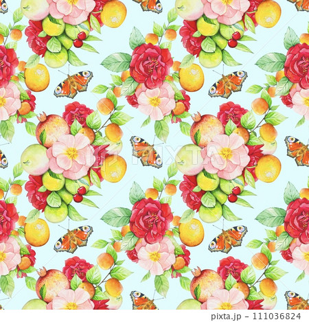 Seamless pattern with fruits, red and pink roses, butterflies. watercolor Seamless pattern with fruits, red and pink roses, butterflies. watercolor 111036824