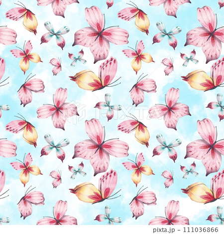 Watercolor seamless pattern with pink butterflies. For fabric, textiles, wallpaper 111036866