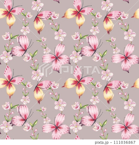 Watercolor seamless pattern with pink butterflies. For fabric, textiles, wallpaper 111036867