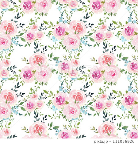 Floral pattern with pink roses, leaves. Watercolor Floral pattern with pink roses, leaves. Watercolor 111036926