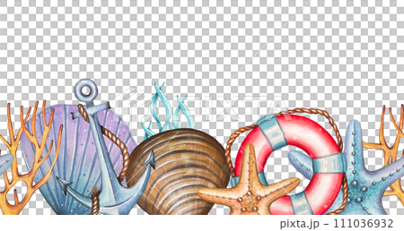 Marine seamless border with shells, anchor, lifebuoy, starfish, seaweed 111036932