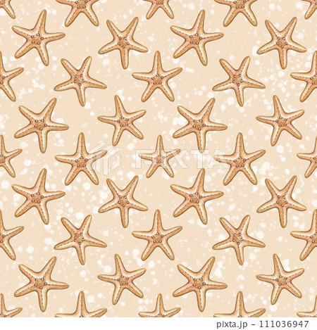 Seamless pattern with orange watercolor starfish 111036947