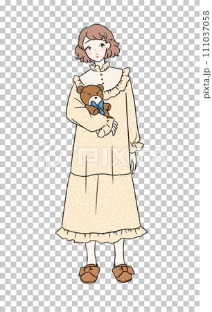 クマの人形を持ったパジャマ姿の女性 111037058