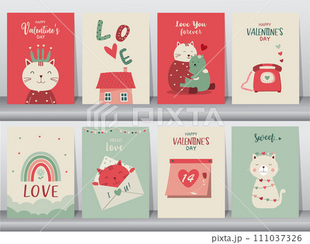 Cute animal with Valentine's day balloon.February 14. Design with cute animal.love, couple, heart, valentine,Vector illustrations. 111037326