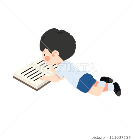 Kid reading boy lying with book 111037557