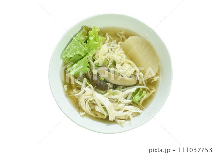 Chinese yellow egg noodles topping slice boiled chicken in soup on bowl 111037753