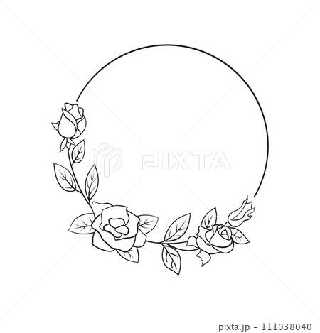 Decorative round floral frames made of blooming flowers hand drawn with contour lines on white background.  111038040