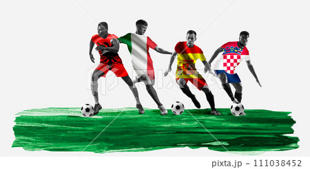 Soccer players in motion in shirts with flag representing team of Albania, Italy, Spain and Croatia Soccer players in motion in shirts with flag representing team of Albania, Italy, Spain and Croatia 111038452