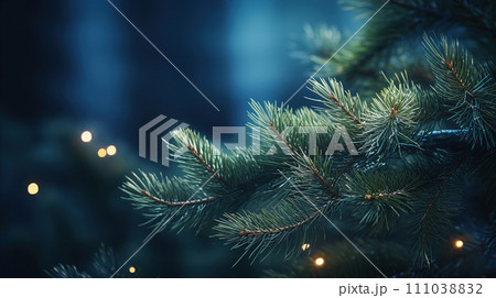 AI-generated content. Christmas fir tree branches with bokeh background. Christmas decorations background. Winter holidays wallpaper AI-generated content. Christmas fir tree branches with bokeh background. Christmas decorations background. Winter holidays wallpaper 111038832