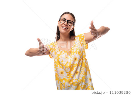 young caucasian woman with vision glasses stretches out her hands with joy young caucasian woman with vision glasses stretches out her hands with joy 111039280
