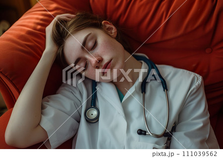 A tired young doctor in uniform taking a rest...のイラスト素材 [111039562] - PIXTA