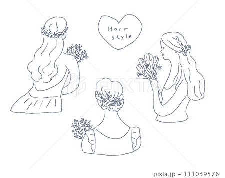 花束を持った若い女性の髪型、ウエディング、線画 花束を持った若い女性の髪型、ウエディング、線画 111039576