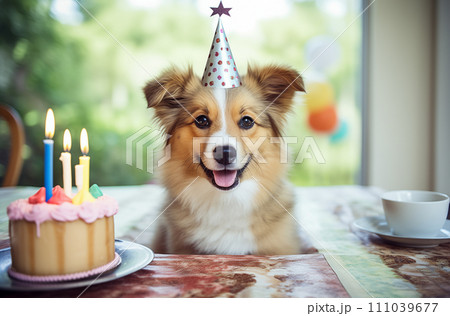 AI-generated content. Dog Sitting in Front of Birthday Cake 111039677