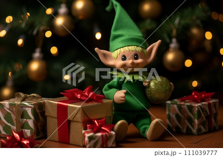 AI-generated content. Cheerful elf with Christmas gifts 111039777