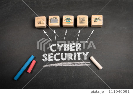 Cyber Security Concept. Wooden blocks on a dark chalkboard background Cyber Security Concept. Wooden blocks on a dark chalkboard background 111040091