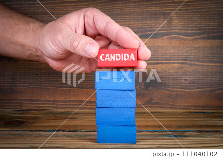 Candida Concept. Colorful blocks on wood texture background 111040102