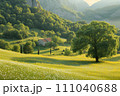 beautiful spring landscape in the mountains with a small house on the hill 111040688