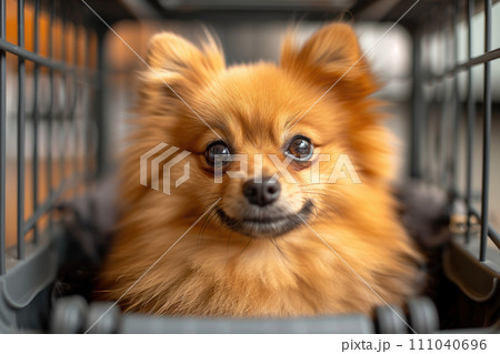 pomeranian spitz dog in a pet carrier ready to trip 111040696