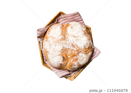 Freshly baked bread on basket isolated on white background. top view bread copy space Freshly baked bread on basket isolated on white background. top view bread copy space 111040879