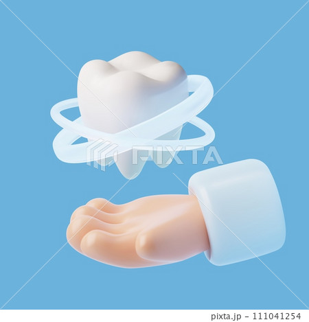 3D white healthy tooth and dentist hand, professional technologies in dentistry and orthodontics, dental care services 3D white healthy tooth and dentist hand, professional technologies in dentistry and orthodontics, dental care services 111041254